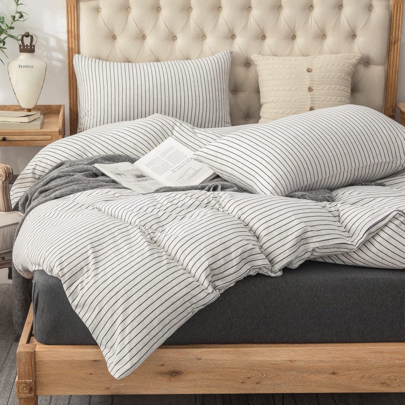 PURE ERA Jersey Knit Duvet Cover Set 100% T-Shirt Heather Cotton Super Soft Comfy Classic Striped Design, with Zipper Closure, Heather White & Black Pinstripe, King - Image 1